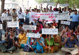 DAV College students protest in support of their demands in front of the Mini-Secretariat in Bathinda on Friday.