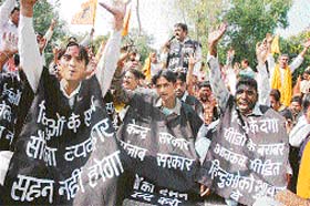 Activists of the Shiv Sena (Hindustan) stage a dharna in support of their demands in Patiala