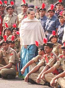 UPA Chairperson and Congress President Sonia Gandhi with NCC cadets during the 57th Raising Day celebration of the NCC in New Delhi on Sunday.