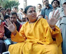 Ms Uma Bharti addresses a Press conference at her residence in Bhopal on Monday.