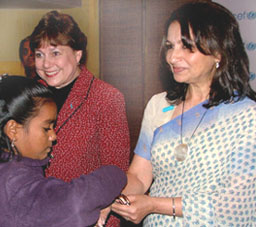 Latha, affected by HIV, ties Suraksha Bandhan on Sharmila Tagore, who was appointed UNICEF Goodwill Ambassador in Delhi on Thursday. UNICEF Executive Director Ann Vebeman is also seen in the picture.