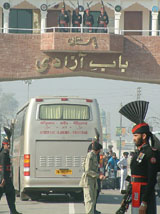 The Amritsar-Lahore bus crosses over to Pakistan during its trial run on Sunday