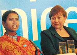 Gudia Khatun from India shares space with Ms Ann M. Veneman, Executive Director, Unicef, who launched “State of the World’s Children 2006: Excluded and Invisible” report in London