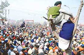Devotees occupy every vantage point as they wait for Palki Sahib on the concluding day of the Shaheedi Jor Mela at Fatehgarh Sahib on Monday.