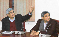 CPM General Secretary Prakash Karat and CPM Politburo member Sitaram Yechury at a meeting to discuss the governments proposal of disinvestment in certain profit-making PSUs in New Delhi on Monday