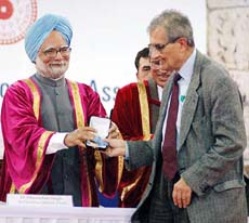 Nobel laureate Amartya Sen (right) receives an Indian Science Congress Association Award from the Prime Minister, Dr Manmohan Singh, during the 93rd Indian Science Congress at Acharya N.G. Ranga Agriculture University in Hyderabad on Tuesday.