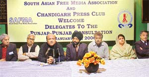 Mr Imtiaz Alam, Secretary-General of SAFMA (third from left), talking to the media at the Chandigarh Press Club on Sunday.