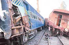The coaches of trains which were involved in an accident at Dhablan railway station, 20 km from Patiala, on Thursday. 