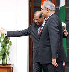 PEHLE AAP, says Foreign Secretary Shyam Saran as he welcomes his Pakistani counterpart, Mr Riaz Mohammed Khan, for the Secretary-level talks at Hyderabad House in New Delhi on Tuesday.