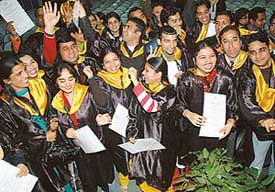 Students in a jubilant mood after receiving their degrees at a convocation at Bharatiya Vidya Bhavan Dayanand College of Communication and Management in Sector 27, Chandigarh, on Thursday.