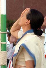 Congress President Sonia Gandhi salutes the National Flag after the flag hoisting ceremony before the inaugural session of the 82nd plenary of the Indian National Congress at Rajiv Gandhi Nagar in Hyderabad on Sunday