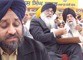 SAD President Parkash Singh Badal and senior party leaders at the partys conference for representatives of trade and industry in Bathinda on Sunday.