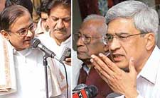 Union Minister for Finance P. Chidambaram and Minister for State Prithviraj Chavan and  Left leaders A.B. Bardhan and Parkash Karat address separate press conferences in Delhi on Monday