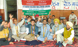 Activists of the Uttariya Railway Union protest against the policies of the Northern Railway authorities