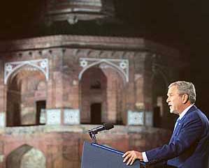 US President George W. Bush delivers a speech at Purana Qila in New Delhi on Friday.