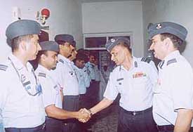Air Officer-in-Charge, Maintenance, Air Marshal B.U. Chengappa (second from right) is introduced to Air Force officers during his visit to Air Force Station, High Grounds, in Chandigarh on Tuesday.