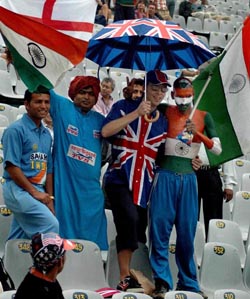 The Tricolour and the Union Jack stand out as Indian and British fans display camaraderie as play is held up due to rain and poor visibility on the second day of the second Test match between India and England at the PCA Stadium in Mohali on Friday. 