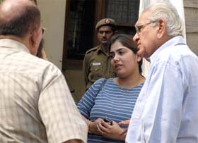 Relatives of Swarna Mahajan and Anuradha Mahajan, who were killed at their Siddarth Enclave residence in New Delhi