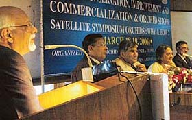Dr V.P. Kamboj, president of the National Academy of Sciences, addresses the inaugural session of a seminar on orchid at Panjab University, Chandigarh