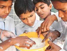 Students of Government Elementary School, Kansal, show the weevil and other insects which were found in the wheat flour supplied under the mid-day meal scheme to the school about 10 days ago