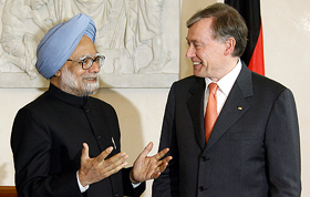 Prime Minister Manmohan Singh chats with German President Horst Koehler prior to talks in Berlin on Monday.