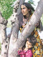 Sakina Jaan stands behind the Chinar tree — the only component of her home that survived the October 8 earthquake.