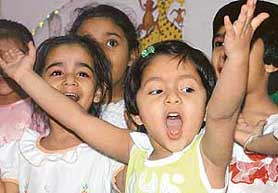 Students of Little Heart sing a welcome song during the Mother’s Day celebrations at their school on Saturday.
