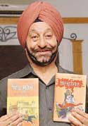 Punjabi playwright and actor Gurcharan Dardi with his books which were released in Chandigarh on Saturday.