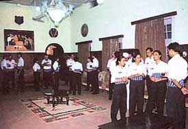 Officers (both men and women) of Army Education Corps interact with one another in the Officers’ Mess at Panchmarhi