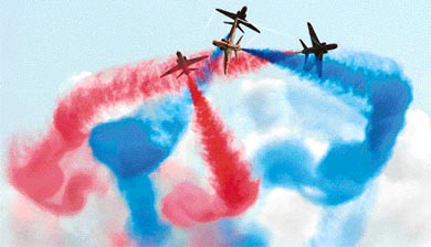 Four Hawks of the Royal Air Force of the UK display their aerobatic skills during Konkan-06, the Indo-UK joint exercise, at Goa skyline on Tuesday