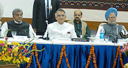 Prime Minister Manmohan Singh (extreme right) presides over the Round-Table Conference on Kashmir in Srinagar on Wednesday. Others in the picture are (from left) Minister of State Sri Prakash Jaiswal and Union Home Minister Shivraj Patil. 