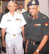 The Surveyor-General of India, Maj-Gen M Gopal Rao, with Additional Secretary in Pakistan's Defence Ministry Admiral Ahsan-ul-Haq Chaudhri prior to a meeting in New Delhi on Thursday