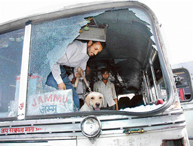 A securityman with a sniffer dog searches a damaged bus after serial grenade blasts at the Jammu bus stand on Monday.