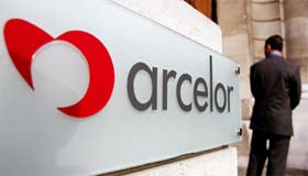 The Arcelor logo is seen at the entrance of the steel group's headquarters in Luxembourg