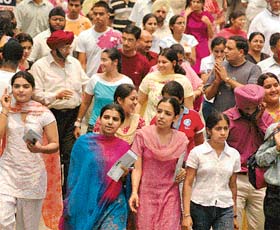 Candidates of PMET-2006 come out of one of the examination centres at Government College for Girls in Sector 11, Chandigarh