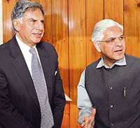 Mr Ratan Tata with the Minister of State for Industry, Mr Ashwani Kumar, in New Delhi on Friday.