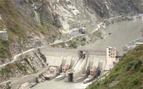 A view of the 1100-MW Nathpa Jhakri Dam Project in Kinnaur district, where power generation has been hit for the third time in the past seven days due to heavy silt in the Satluj