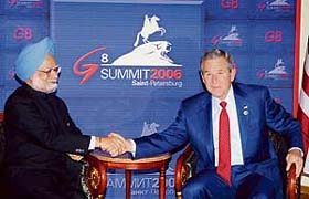 Prime Minister Manmohan Singh with US President George W. Bush during a meeting on the sidelines of the G-8 summit at St Petersburg