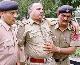 The Sector 17 Police Station SHO, Mr Jagbir Singh, who lost consciousness after he was hit by an aluminium shell containing gas the during protest at Matka Chowk.