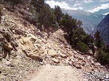 A massive landslide on Monday morning at Pangi village near Reckong Peo in Kinnaur district damaged a 200-metre stretch of the old Hindustan-Tibet road
