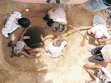 Experts of the Health Department try to take out foetuses from a 30 ft well of Saheb Hospital, Patran, 65 km from Patiala, on Wednesday