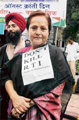 Yesteryear Bollywood actress Rakhi Gulzar protests against the amendments to the Right to Information Act at August Kranti Maidan in Mumbai on Wednesday