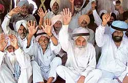 Members of the Kissan Hit Bachao Committee sitting in dharna at Sohana in Mohali on Wednesday. 