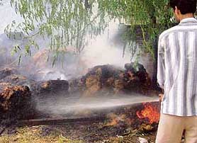 A fireman douses the fire, which broke out in a shop in the furniture market at Lakhnore village in Mohali on Friday.