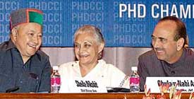The Chief Ministers of Himachal, Delhi and Jammu & Kashmir, Mr Virbhadra Singh, Mrs Shiela Dixit and Mr Ghulam Nabi Azad, are all smiles as they share a point at the PHD Chamber of Commerce and Industry’s Chief Ministers’ Conclave in Chandigarh on Thursday.