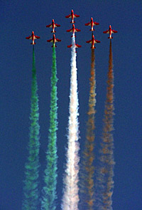 The IAFs Suryakiran aerobatics team performs at the Hindon Air Base, near Delhi, during the 74th anniversary function of the Indian Air Force on Sunday.