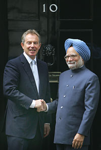 Britain's Prime Minister Tony Blair greets Prime Minister Manmohan Singh at 10 Downing Street in London on Tuesday.