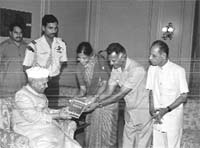 Dr Ram Kumar Bhardwaj and Dr Anita Bhardwaj of Hisar, seen here with former President S.D. Sharma, are engaged in promoting Haryanavi culture.