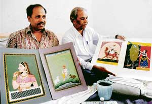 Gopal Prasad Sharma and Nathulal Verma display their works of the Rajasthani tradition