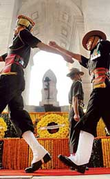 Army men at a ceremony on the occasion of the 59th Infantry Day at Amar Jawan Jyoti in New Delhi on Friday